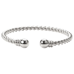 Close-up of silver-tone twisted cable bangle with polished spherical end caps on white background
