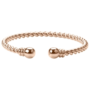 Close-up of rose gold twisted cable cuff bracelet with polished metal end beads