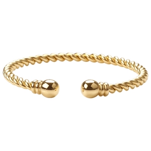Macro detail of 18K gold plated twisted wire cable bangle with polished spherical ends