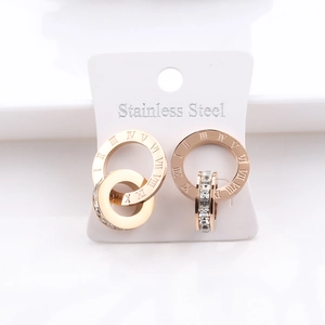 Stainless Steel Stud Earrings Rose Gold Roman Numerals Interlocking Rings Zircon Inlaid Elegant Fashion Jewelry Women