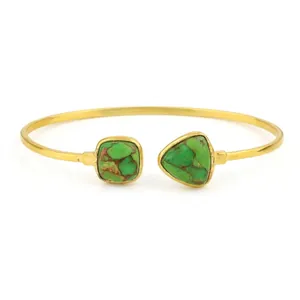 Bracciale rigido in acciaio inossidabile placcato oro 18k con pietre di turchese verdi