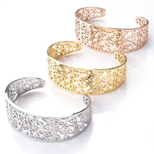 Hollow flower open cuff bracelet in silver, gold, and rose gold stainless steel colors
