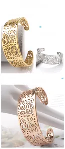 Detail of hollow floral pattern bangle in gold, silver, and rose gold finish
