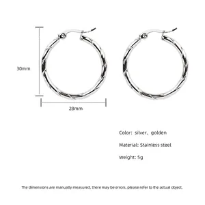 Pair of 30mm twisted rope stainless steel hoop earrings in polished silver finish