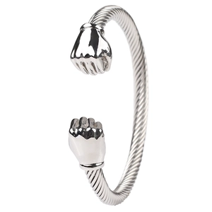 Silver stainless steel twisted cable cuff bracelet with fist-shaped ends for men