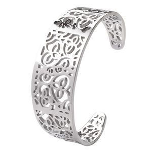 Silver hollow flower pattern stainless steel open bangle with bohemian cut-out design