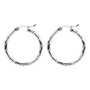 Polished silver stainless steel twisted hoop earrings with a secure clasp closure