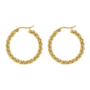 Classic 18k gold plated stainless steel hoop earrings with woven rope texture on white background