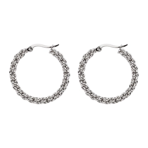 Silver woven textured hoop earrings in stainless steel with a secure lever back closure