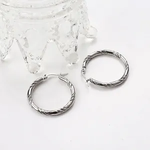 Twisted rope design stainless steel hoop earrings for women with polished silver finish