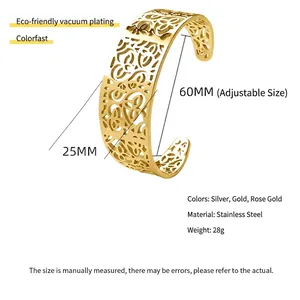 25mm gold hollow flower pattern stainless steel cuff bracelet for women