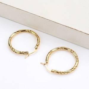 Golden twisted rope texture hoop earrings in stainless steel for women with high polish finish