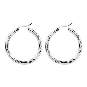 Polished silver twisted rope earrings in stainless steel with a secure latch back closure