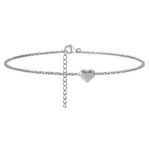 Polished silver heart pendant anklet with 925 stamp and adjustable lobster clasp chain