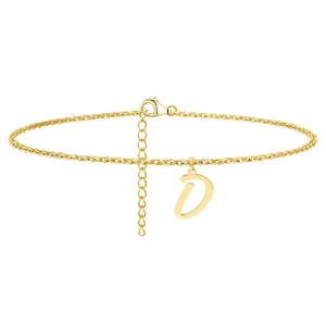 Detail of gold letter D pendant anklet with adjustable chain and S925 clasp