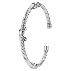 Polished silver infinity cable bangle with triple X-shaped knots and adjustable opening