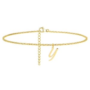 Close-up of a gold-plated letter Y pendant anklet with adjustable lobster clasp chain