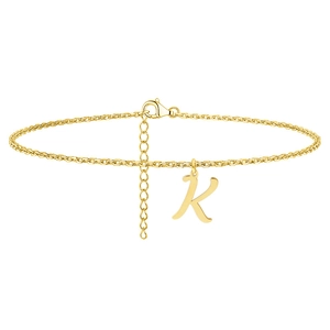 Close-up of golden letter K pendant with adjustable lobster clasp and fine curb chain