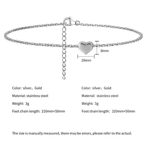Silver stainless steel heart pendant anklet 210mm plus 50mm extender chain for women