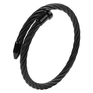 Bracelet jonc en câble torsadé d'acier titane noir avec embouts métalliques