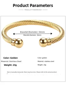 Detailed product specifications for the gold twisted cable cuff bracelet in stainless steel