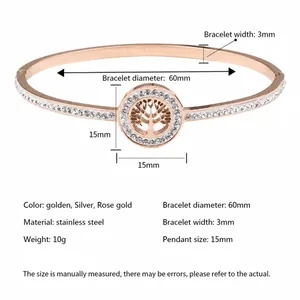 Detailed size parameters of gold stainless steel tree of life bangle with crystals