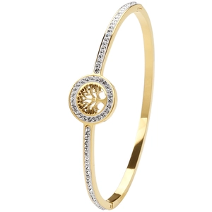 Close-up of golden Tree of Life bangle with sparkling micro-pave crystal inlay detail