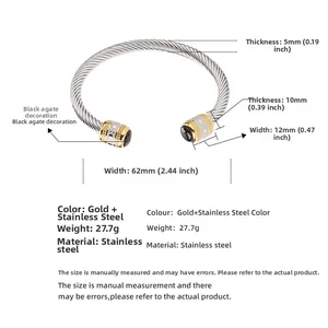 Detailed dimensions of gold-tone cable bangle with black onyx and 62mm diameter