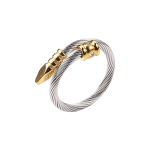 Twisted cable open ring in stainless steel with two-tone finish and zircon accents