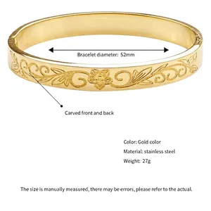 Bracelet jonc ouvert de 8mm en acier inoxydable plaqué or avec motifs floraux gravés vintage
