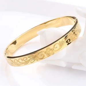 Bracelet Jonc À Charnière Gravé Floral Plaqué Or 18K Acier Inoxydable Bord Large Bracelet Manchette Femmes Bijoux