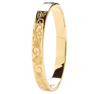 Bracelet jonc de 8mm en acier inoxydable doré avec motifs floraux tropicaux gravés