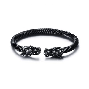 Bracciale da uomo in acciaio inossidabile con teste di drago e finitura nera opaca