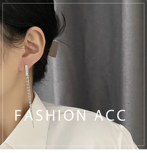 Detailed view of silver tassel earrings with sparkling crystals worn on a model