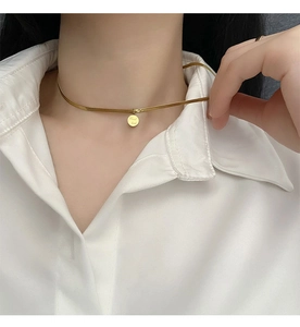 Gros plan sur collier ras du cou doré avec pendentif Good luck rond sur chemise