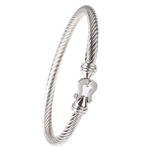 Silver twisted cable open bangle with horseshoe shackle clasp for women on white background