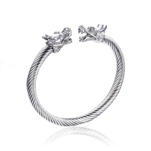 Bracciale rigido in acciaio inossidabile argento con teste di drago e design a fune