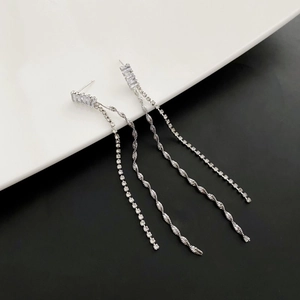 Long Tassel Drop Earrings Copper Silver Plated Zircon Rhinestone Minimalist Elegant Fashion Jewelry For Women