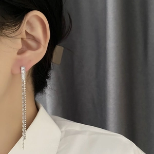 Elegant silver tassel drop earrings with shimmering zircon rectangle studs and long chains