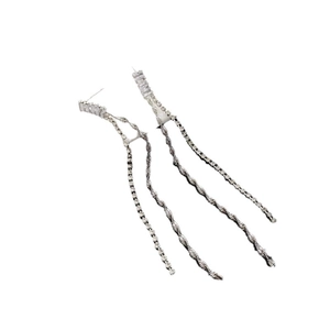 Elegant long silver tassel earrings with rectangular zircon studs in linear design
