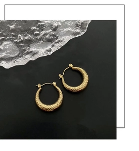 Close-up of golden hoop earrings with intricate snake scale texture on black background