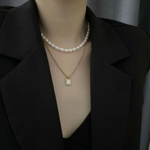 Two-layer natural freshwater pearl and titanium steel shell pendant necklace set for women