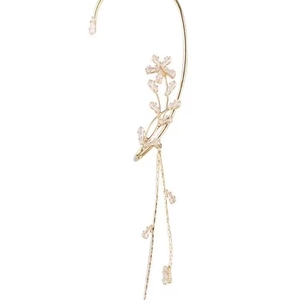 Eleganter goldener Ohrclip mit Blumen-Design, Zirkonia-Quasten und Weinranken-Optik