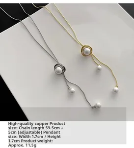 Détails des colliers pull longs en perles ajustables, finitions or et argent
