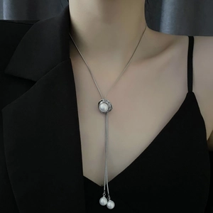 Long Collier Lariat En Cuivre Chaîne Serpent Avec Gland De Künstliche Perle D'imitation Réglable Collier Pull Élégant Pour Femmes