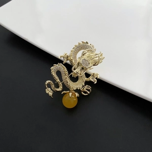 Broche de Dragón Dorado de Estilo Chino de Lujo Con Incrustación de Zirconia Blanca y Perla Amarilla Alfiler de Animal de Cobre para Mujer Joyería de Regalo de Banquete
