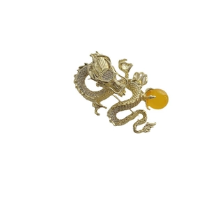 Broche de dragón dorado con cristales y perla amarilla de estilo tradicional chino