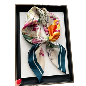 Elegant tulip floral print silk-like square scarf in a gift box with dark green border