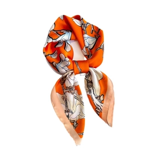 Elegant 70cm orange silk scarf with white magnolia flower print for women's styling