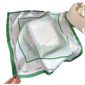 Labyrinth pattern white silk square scarf with green border and flower print